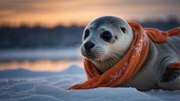 A seal resting on snow, adorned with an orange scarf, against a serene winter background. photo