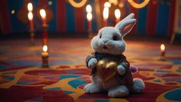 A whimsical rabbit in a colorful setting holding a golden heart, surrounded by candles. photo
