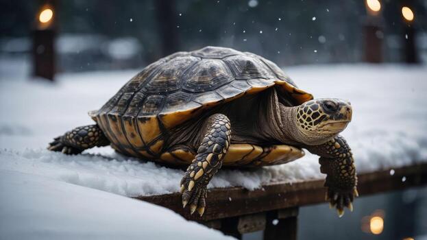 A tortoise resting on a snowy surface, showcasing its unique shell patterns. photo