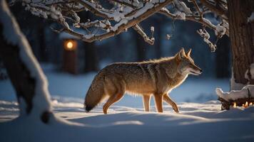 A coyote walks through a snowy landscape, illuminated by soft light. photo