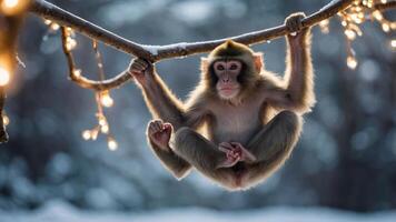 A monkey hanging from a snowy branch adorned with lights, showcasing a serene winter scene. photo