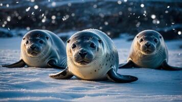 Three seals resting on snowy terrain, showcasing their curious expressions. photo