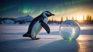 A penguin stands near a large ice sphere under a colorful aurora in a snowy landscape. photo