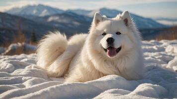 A fluffy Samoyed dog resting on snow with mountains in the background. photo