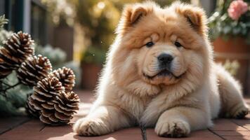 A fluffy Chow Chow dog lying on a patio with pine cones in a sunny outdoor setting. photo
