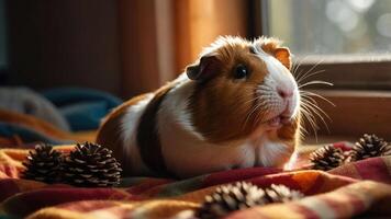 A guinea pig resting on a cozy blanket surrounded by pine cones in soft sunlight. photo