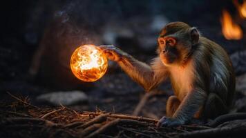 A monkey curiously interacts with a glowing, fiery orb in a dark, forested setting. photo