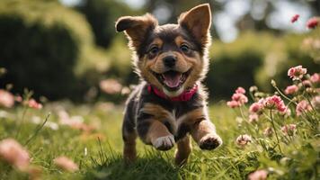 A happy puppy joyfully running through a field of flowers on a sunny day. photo
