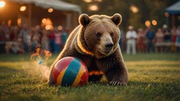 A bear playing with a colorful beach ball in a lively outdoor setting during an event. photo