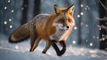 A red fox walks gracefully through a snowy forest, surrounded by soft, glowing lights. photo