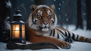A majestic tiger rests in the snow beside a glowing lantern in a serene forest setting. photo