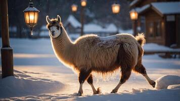 A llama walks through a snowy landscape illuminated by lanterns at dusk. photo