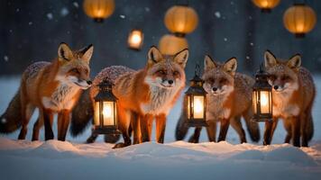 A group of foxes stands in the snow, illuminated by lanterns amidst a serene winter scene. photo