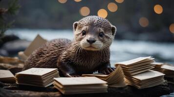A cute otter surrounded by scattered cards near a river, creating a whimsical scene. photo