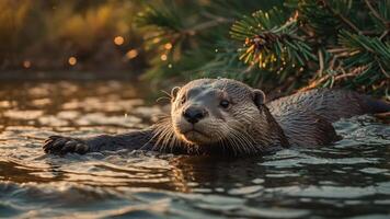 A playful otter swimming in a serene water setting surrounded by pine branches. photo
