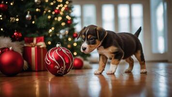 A playful puppy explores a festive setting with a Christmas tree and ornaments. photo
