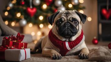 A pug in a festive setting with Christmas decorations and gifts. photo