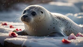 A seal resting on snow surrounded by rose petals, creating a serene and artistic scene. photo