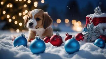 A puppy surrounded by colorful ornaments in a snowy setting with festive lights. photo