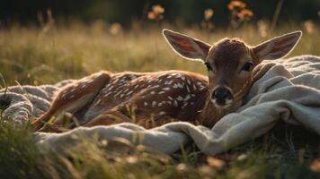 A fawn resting peacefully on a blanket in a grassy field, surrounded by wildflowers. photo