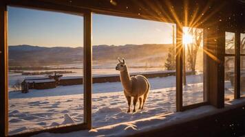 A serene view of a llama outside a window during sunset in a snowy landscape. photo