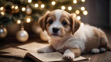 A cute puppy lying on an open book near a decorated Christmas tree with soft lights. photo