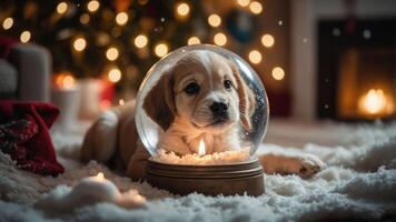 A puppy inside a snow globe, surrounded by festive decorations and warm lights. photo