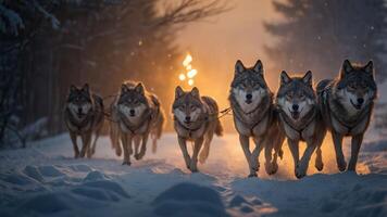 A pack of wolves running through snowy terrain with a sunset in the background. photo