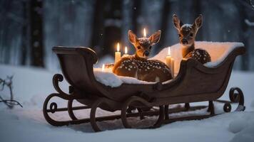 Two fawns resting in a sleigh surrounded by candles in a snowy forest setting. photo