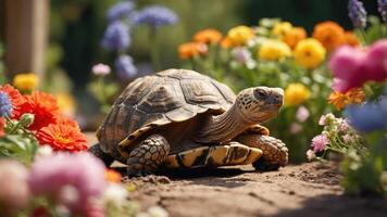 A tortoise exploring a vibrant flower garden, surrounded by colorful blooms. photo