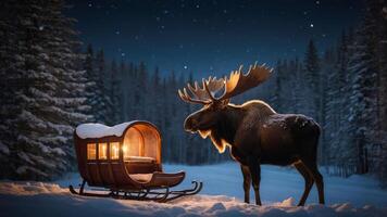 A moose stands beside a snowy sleigh in a serene, starry winter forest. photo