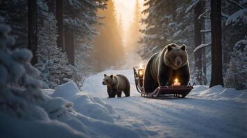 Two bears walking through a snowy forest, one pulling a sled with lanterns. photo