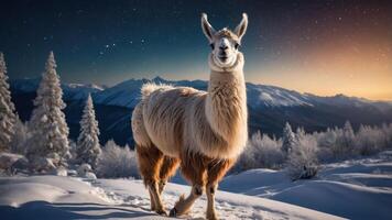 A llama stands in a snowy landscape at sunset, surrounded by mountains and trees. photo