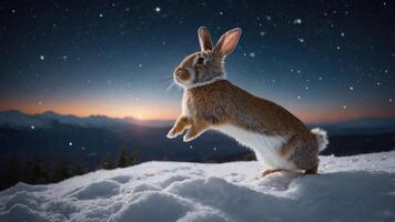 A rabbit leaps in a snowy landscape at dusk, surrounded by stars and mountains. photo