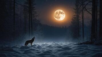 A wolf howls at a bright full moon in a snowy forest at