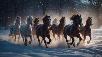 A group of horses galloping through a snowy landscape, creating a dynamic and serene scene. photo