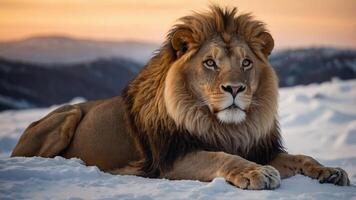 A majestic lion resting on snow with a serene sunset backdrop. photo