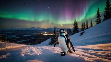 A penguin walks through snow under the aurora borealis in a mountainous landscape. photo