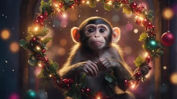 A cute monkey surrounded by a festive wreath adorned with lights and ornaments. photo