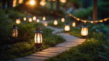 A serene garden pathway illuminated by lanterns, creating a cozy atmosphere. photo