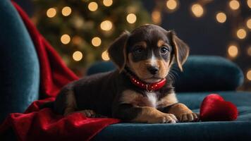 A cute puppy resting on a couch with a heart-shaped toy, surrounded by festive lights. photo