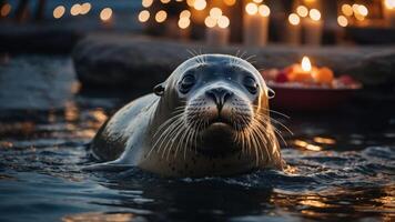 un curioso sello emerge desde agua, rodeado por suave luz de una vela. foto