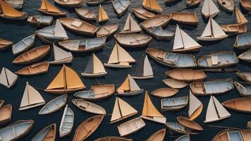 Aerial view of various small boats with sails floating on dark water. photo