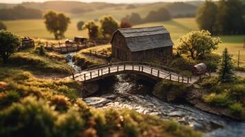 A miniature landscape featuring a rustic barn, bridge, and flowing stream in a serene setting. photo