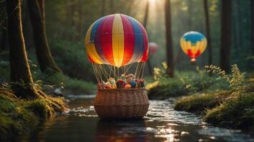 A whimsical hot air balloon floating down a serene forest stream. photo