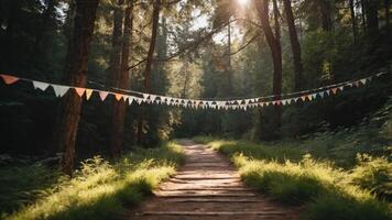 A serene forest path adorned with colorful bunting, illuminated by soft sunlight. photo