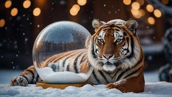 A majestic tiger rests beside a snow globe in a snowy landscape, creating a serene winter scene. photo