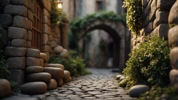 A serene cobblestone alleyway with lush greenery and rustic stone architecture. photo