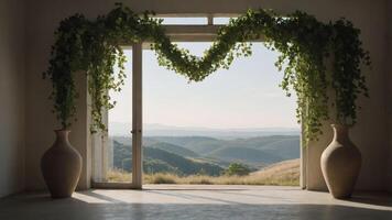 A serene view from a room with plants framing an open doorway overlooking rolling hills. photo