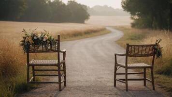 Two empty chairs adorned with flowers beside a winding path in a serene landscape. photo